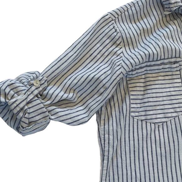 Blue & White Stripe Linen Blend Long Sleeve Roll-Tab Button Down Shirt, Size S - Picture 5 of 12